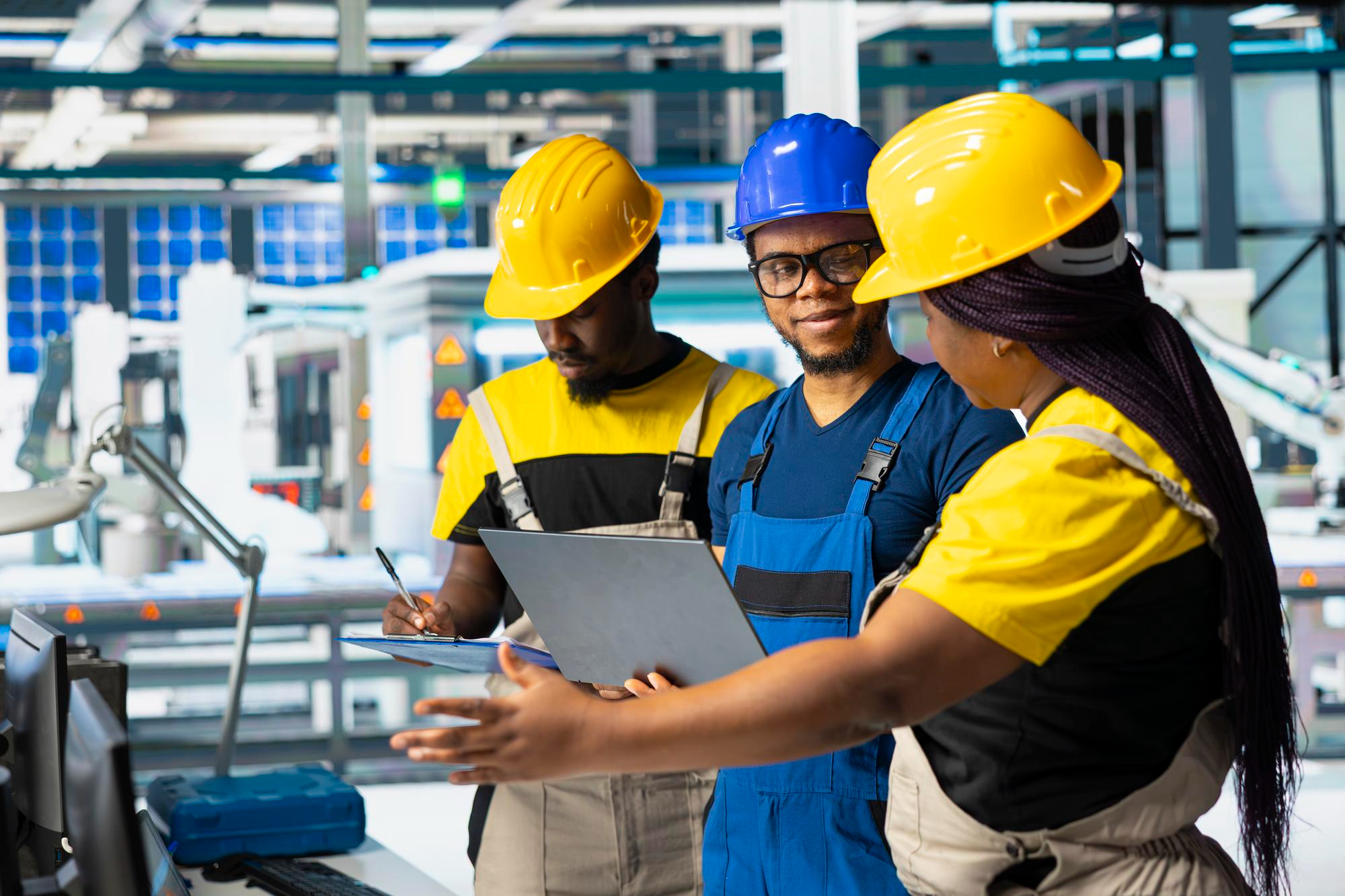 Young energy technology team collaborating in a technical facility