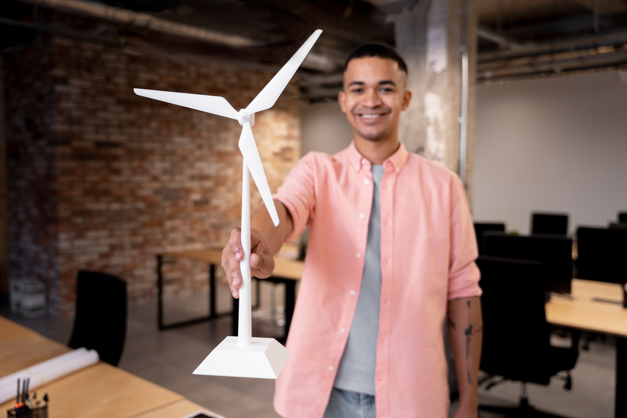 Young energy innovator presenting a wind turbine model